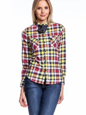J.A.C.H.S. Janet Shirt Red Yellow Plaid Boyfriend Button Down Flannel NWT